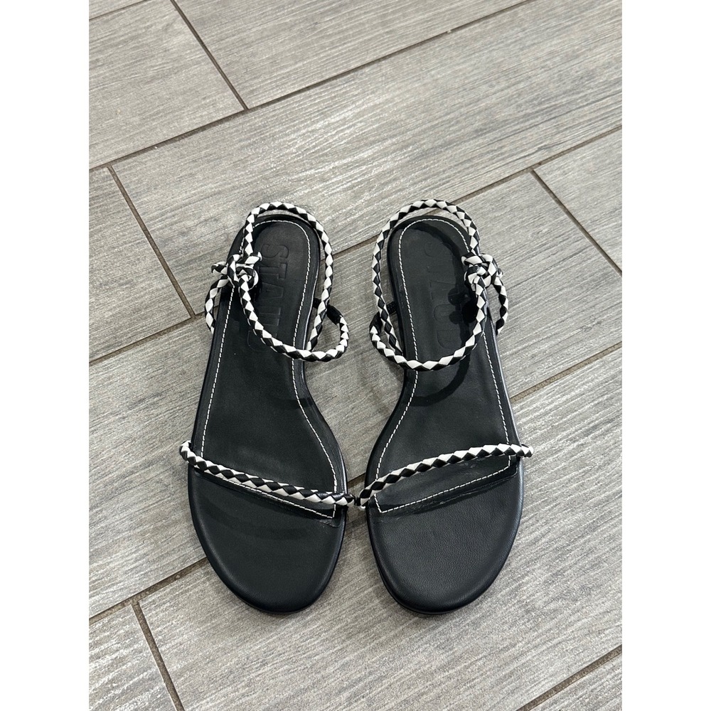 Staud Laurel Woven Theater Sandals Black White Leather Strappy Flats New! - Picture 8 of 11